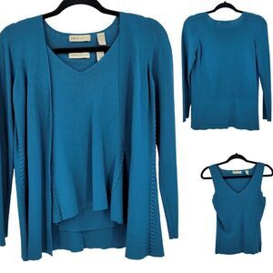 Vintage 90's Valerie Open Cardigan Sweater Set Sz M Turquoise Braided Edge‎